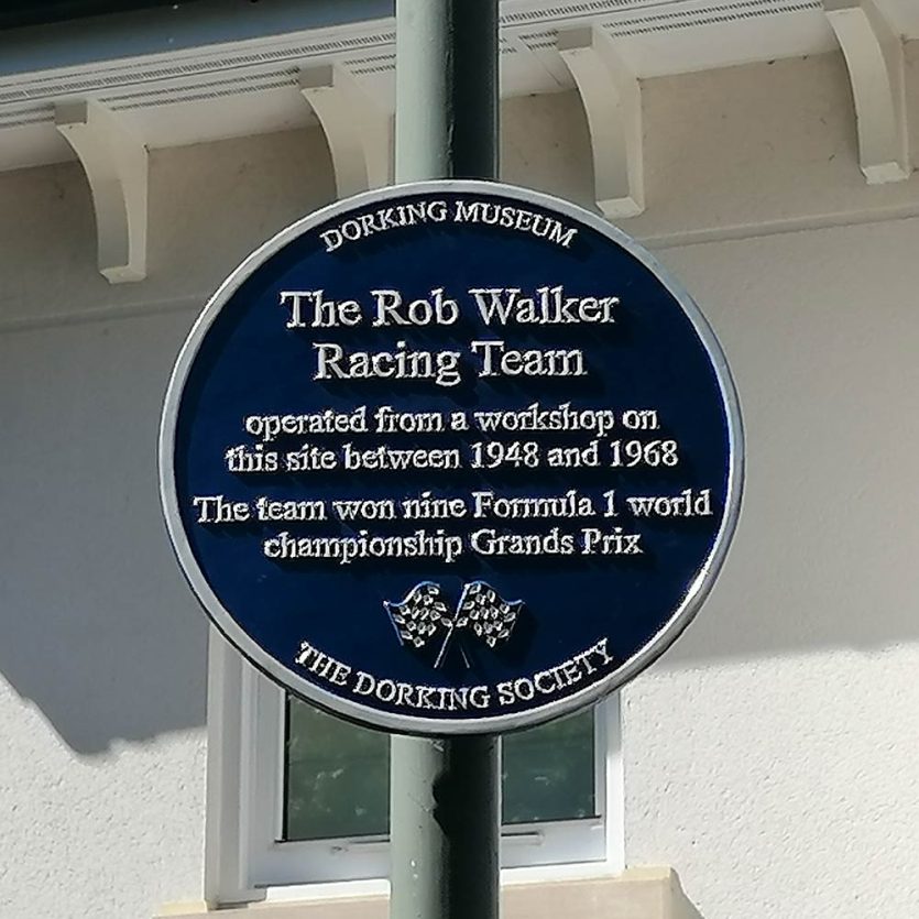 Commemoration plaque to Rob Walker Race Team workshop in Dorking